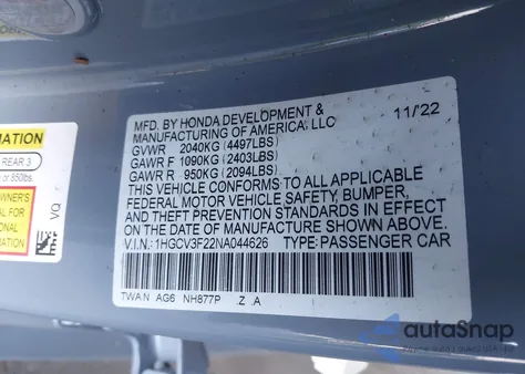 2022 Honda Accord Hybrid Sport z USA, uszkodzony, nr VIN 1HGCV3F22NA044626